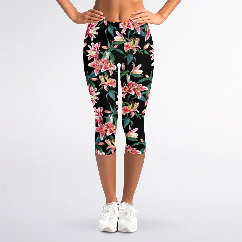 Price Smash Watercolor Tropical Lily Pattern Print Women's Capri Leggings