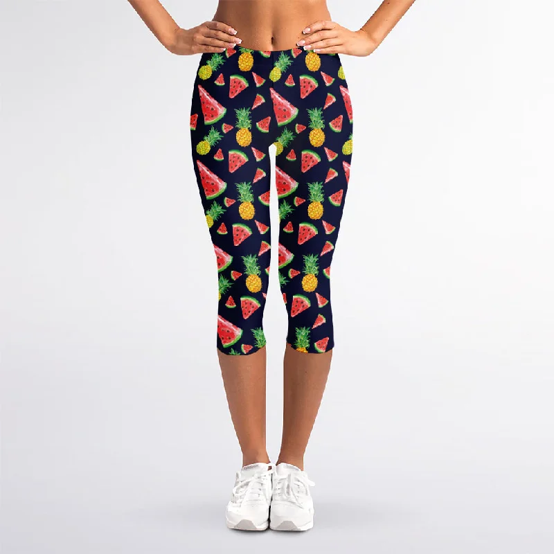 Closeout Sale Watercolor Tropical Pattern Print Women's Capri Leggings
