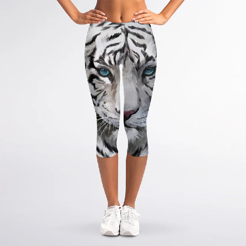 Loyalty Reward Watercolor White Bengal Tiger Print Women's Capri Leggings