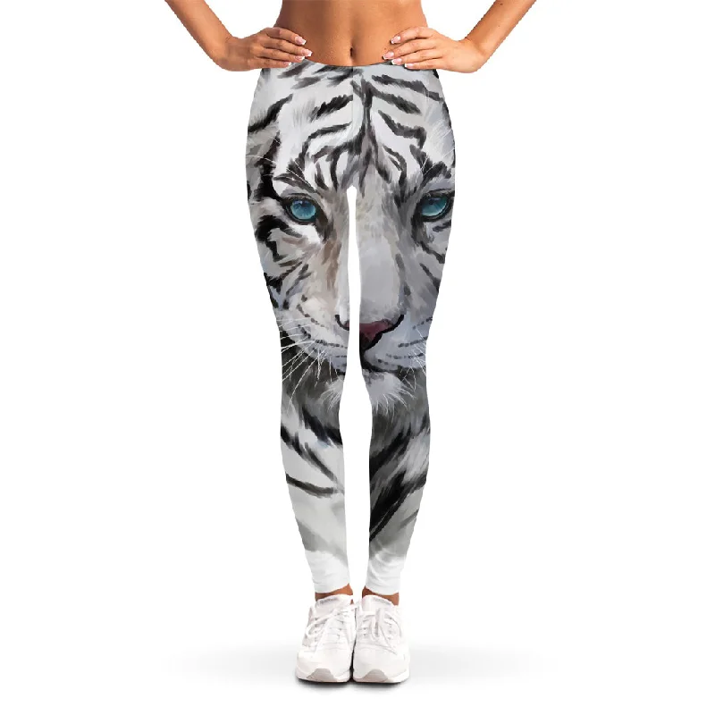 Online Specials Watercolor White Bengal Tiger Print Women's Leggings