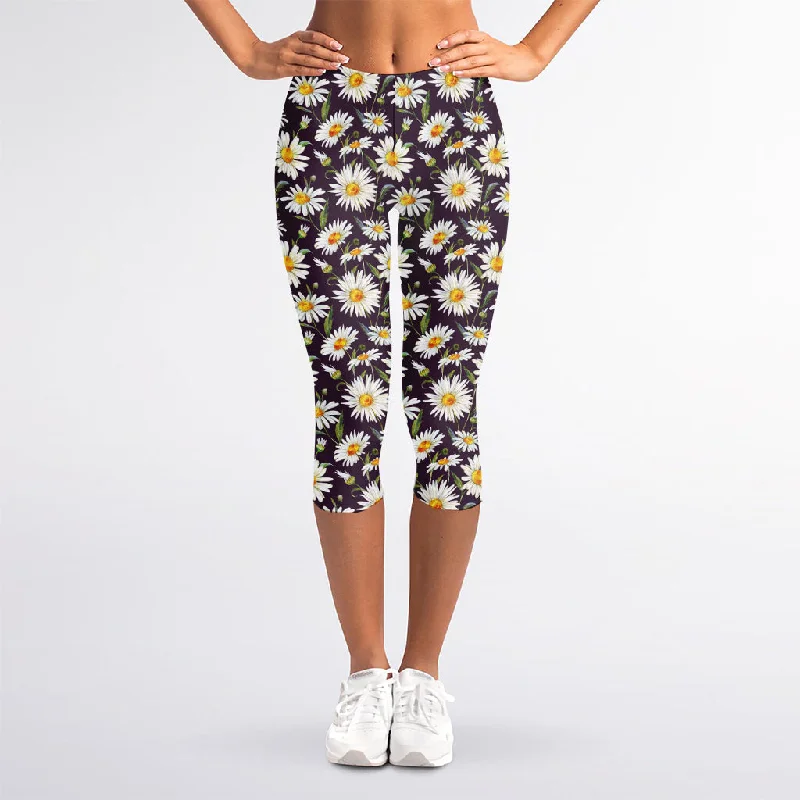 Blowout Sale Watercolor White Daisy Pattern Print Women's Capri Leggings