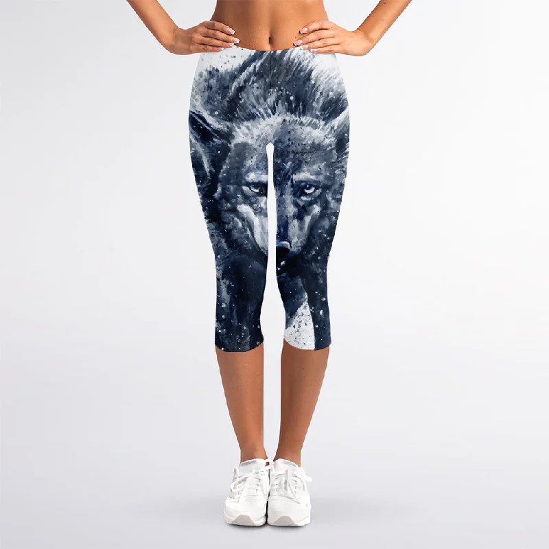 Seasonal Clearance Watercolor Wolf Portrait Print Women's Capri Leggings
