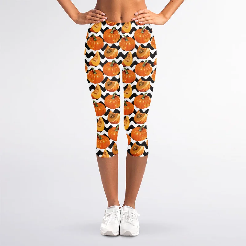 Exclusive Preview Wave Pumpkin Pattern Print Women's Capri Leggings