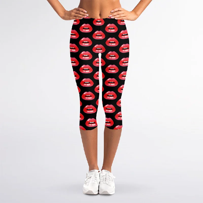 Clearance Event Wet Lips Pattern Print Women's Capri Leggings