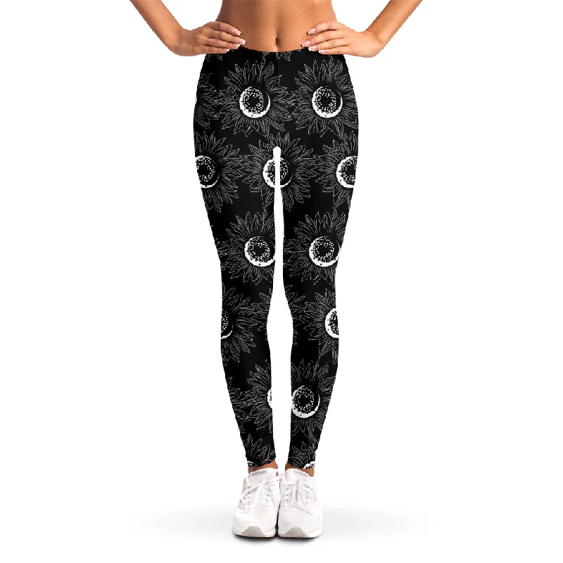 Special Buy White And Black Sunflower Pattern Print Women's Leggings
