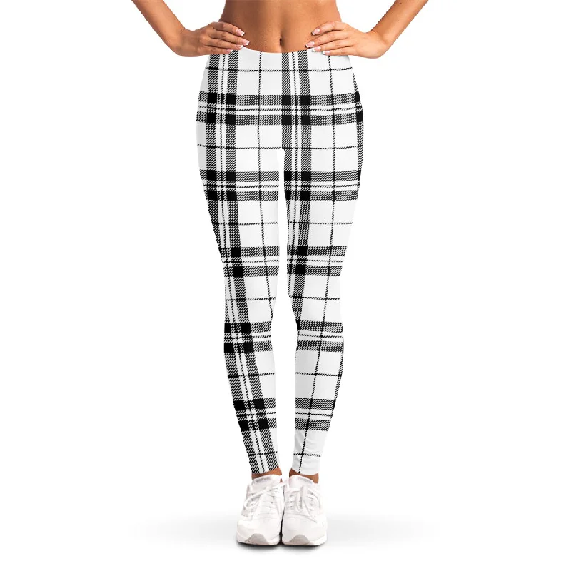 Limited Time Discount White And Black Tartan Pattern Print Women's Leggings