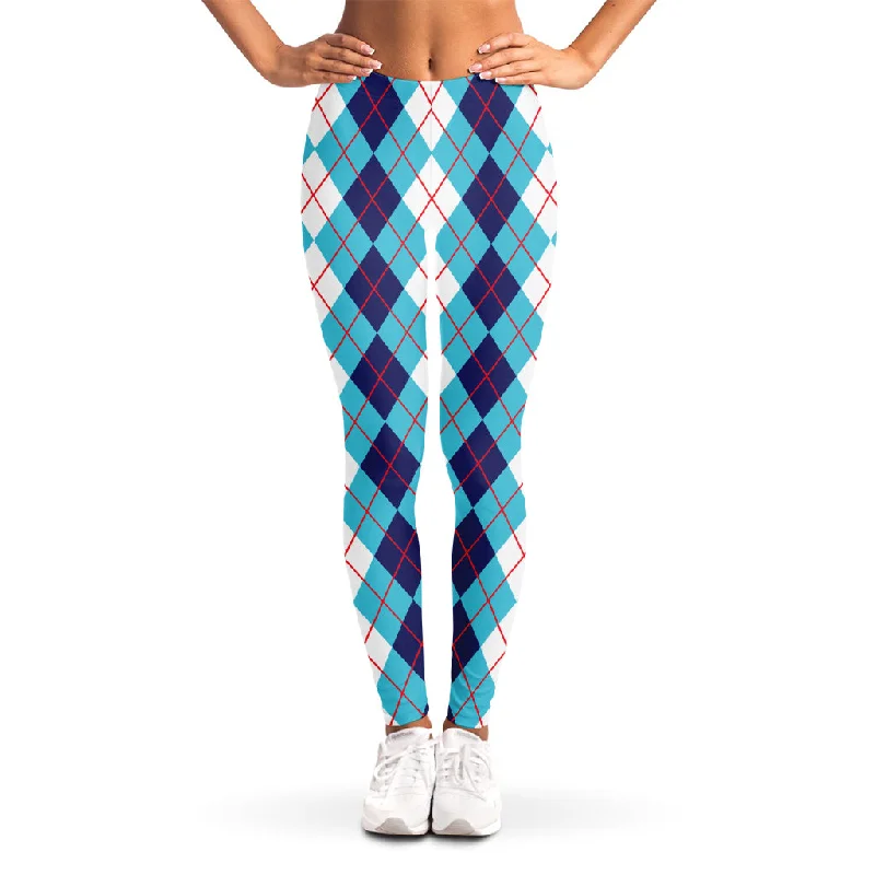 Year-End Sale White And Blue Argyle Pattern Print Women's Leggings