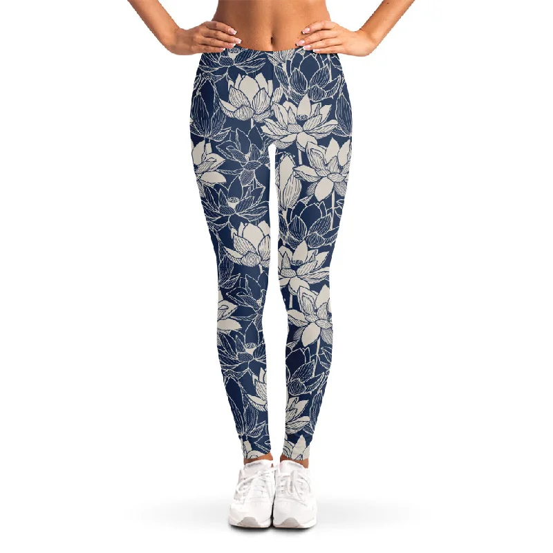 Super Savings White And Blue Lotus Flower Print Women's Leggings
