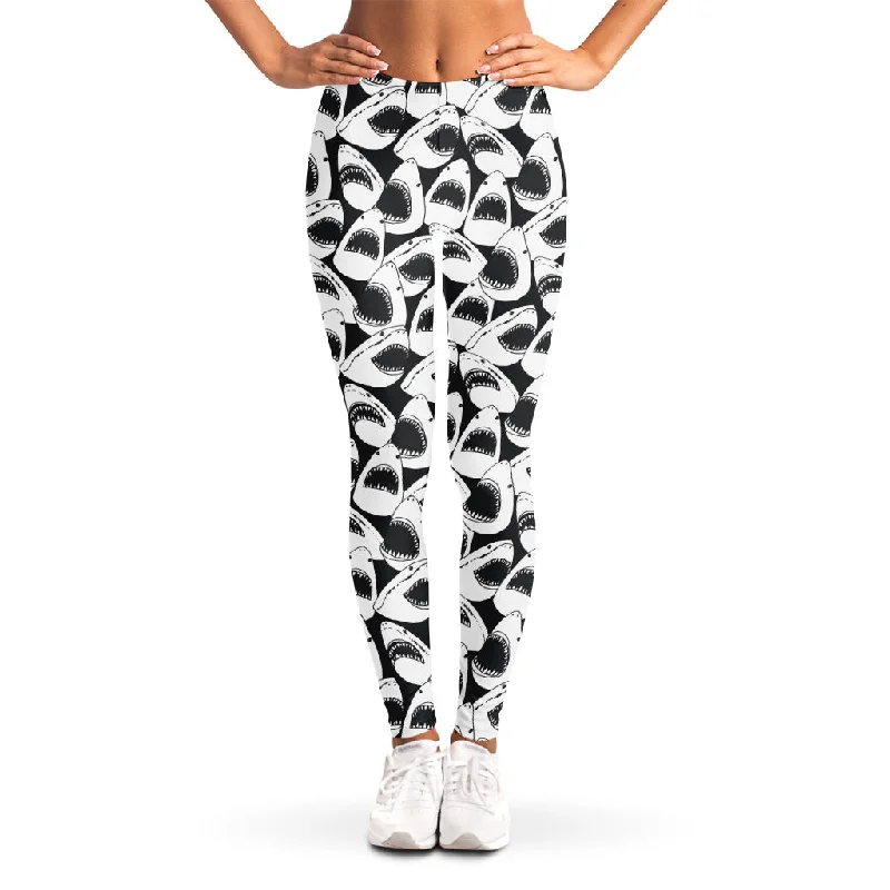 Year-End Clearance White And Grey Shark Pattern Print Women's Leggings