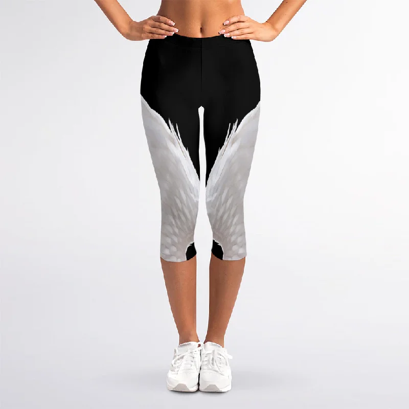 Sneak Peek Sale White Angel Wings Print Women's Capri Leggings