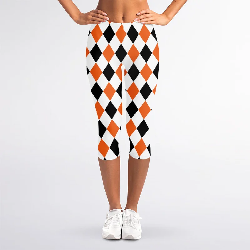 Special Buy White Black And Orange Harlequin Print Women's Capri Leggings