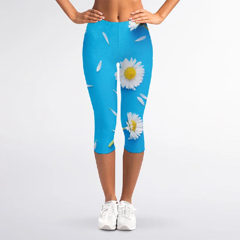 Clearance Event White Daisy Flower Print Women's Capri Leggings