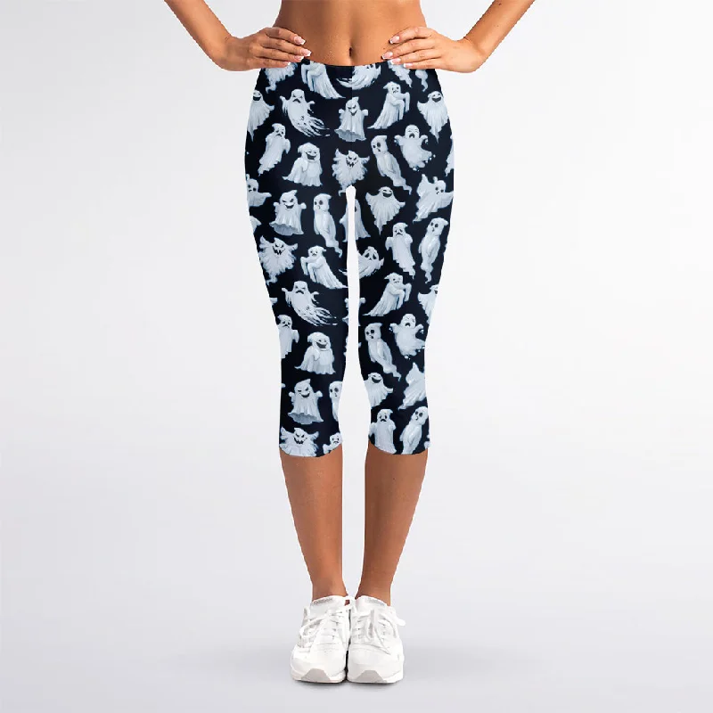 Flash Sale White Ghost Pattern Print Women's Capri Leggings