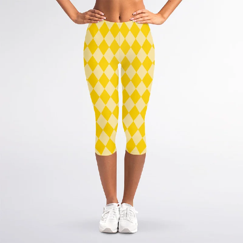 The Best Prices Yellow Harlequin Pattern Print Women's Capri Leggings
