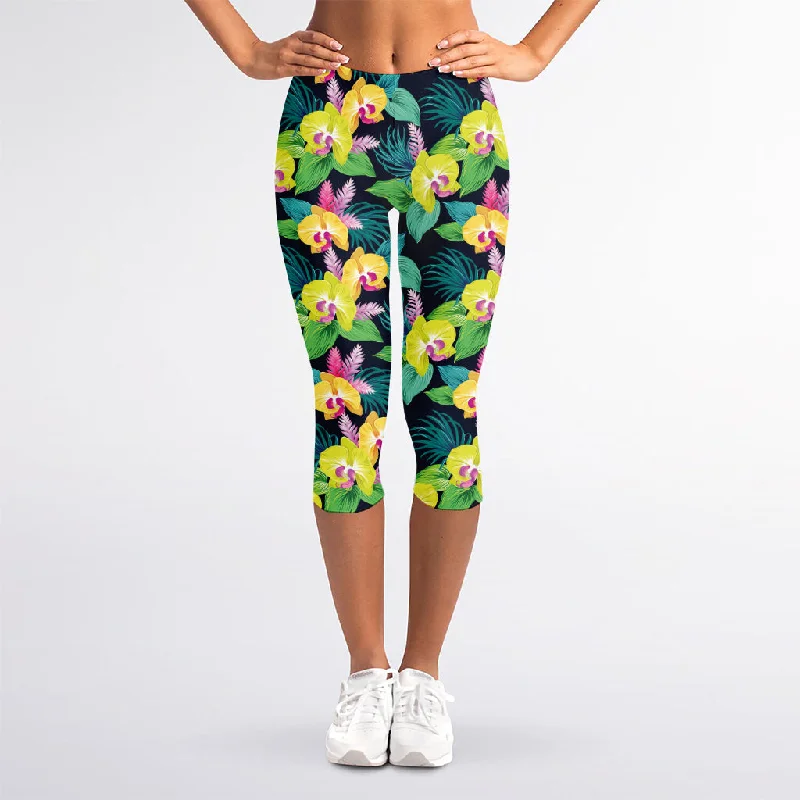 Special Price Yellow Orchid Pattern Print Women's Capri Leggings