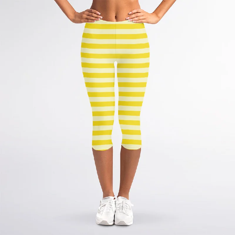 Amazing Deals Yellow Striped Pattern Print Women's Capri Leggings